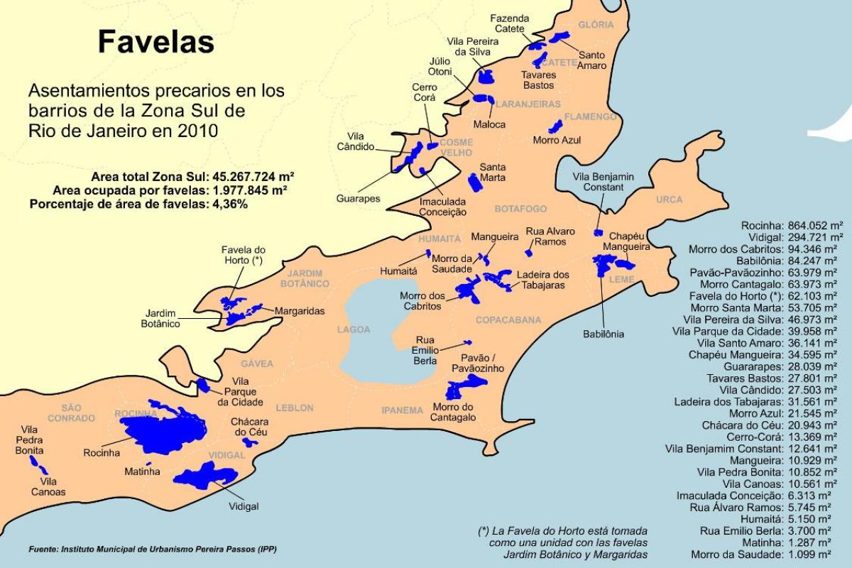 Mapa slumů Jižní zóně Rio de Janeiro